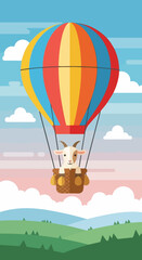 Fototapeta premium Bright hot air balloon with cute goat, year of goat illustration. Flat design shows horned goat in basket, cheerful symbol for Chinese New Year, upcoming year of goat. Cards, calendars,