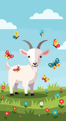 Fototapeta premium Goat illustration standing in green meadow among colorful butterflies. White goat illustration with horns and beard, surrounded by blooming flowers under a bright blue sky.