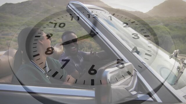 Driver and passenger cruising car along hills, clock overlay appearing, marking time for travel