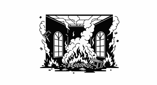 A room engulfed in flames with smoke billowing towards the ceiling