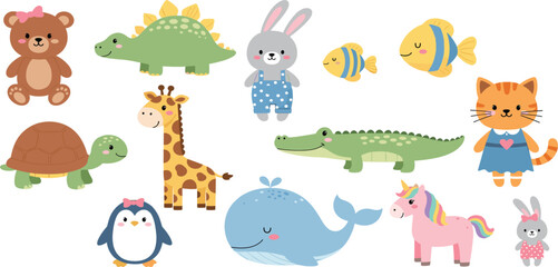 Obraz premium Adorable Animal Sticker Set Featuring Bear, Dinosaur, Giraffe, Unicorn, Fish, and More for Kids' Design