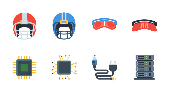 Collection of flat design helmets and tech icons for sports and technology themes