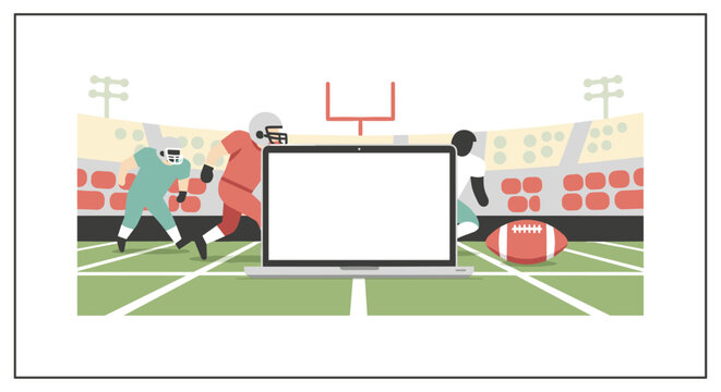 Online football experience: digital game streaming on laptop in stadium