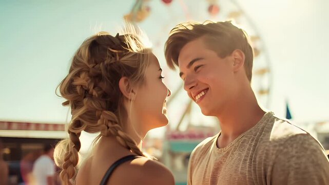 Lovely couple romantic moment. Valentines Day. A man and woman smiling at each other in front of a Ferris wheel at a fair. The man wears a white shirt and the woman wears a black dress.