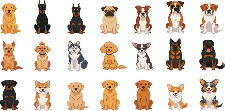 Cute Dog Illustration Set Featuring Huskies, Corgis, Beagles, and Other Breeds