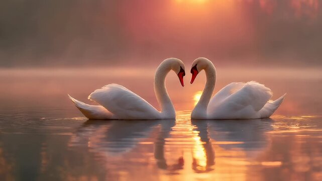 Romantic love theme for Valentines Day. Two white swans gracefully swimming in the tranquil waters of a lake at sunset, their necks intertwined in a heart shape.