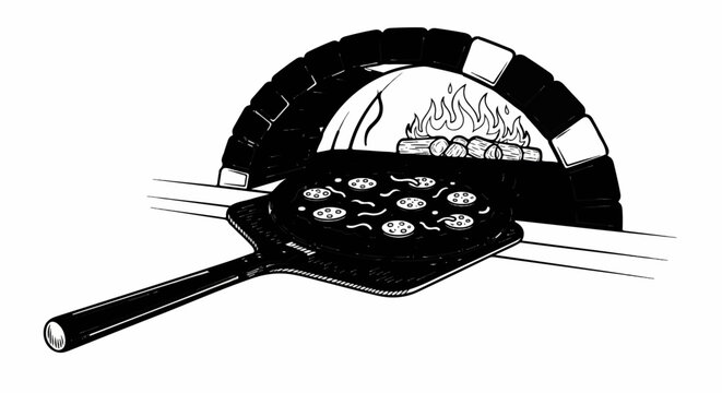A pizza is being slid into a brick oven with a fire burning inside