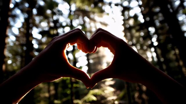 Romantic love theme for Valentines Day. Two hands forming a heart shape with the sun shining through the trees in a forest. The sun casts a warm, golden light.