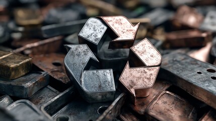 A close-up view of a metallic recycling symbol among various pieces of scrap metal, representing sustainability and the importance of recycling in today's world.