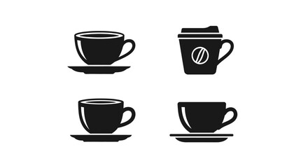 Obraz premium Minimal coffee cup silhouette vector set featuring four modern coffee cup designs including classic mug with steam, takeaway coffee cup, circular badge emblem, and elegant cafe mug silhouette.