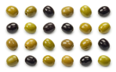 Green and black olives in rows on white background