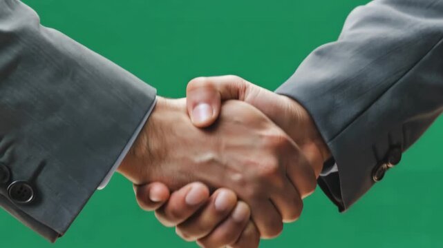 Business handshake in professional attire with firm grip in studio lighting on green background for corporate partnership