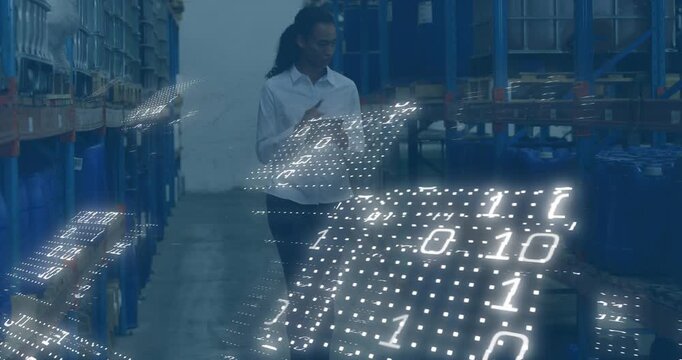 Warehouse worker walking aisle, tapping tablet, activating AR binary panels while inspecting bins