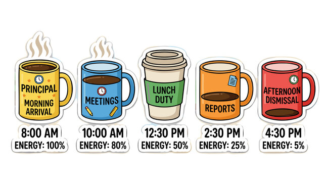 An illustrative timeline of a principal's demanding workday, showing decreasing energy levels from 100% to 5% through five coffee cups representing different tasks and times.