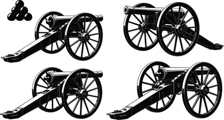 Fototapeta premium Four stylized cannon silhouettes with spoked wheels and stacked cannonballs, historical military artillery illustration, war weapon design concept