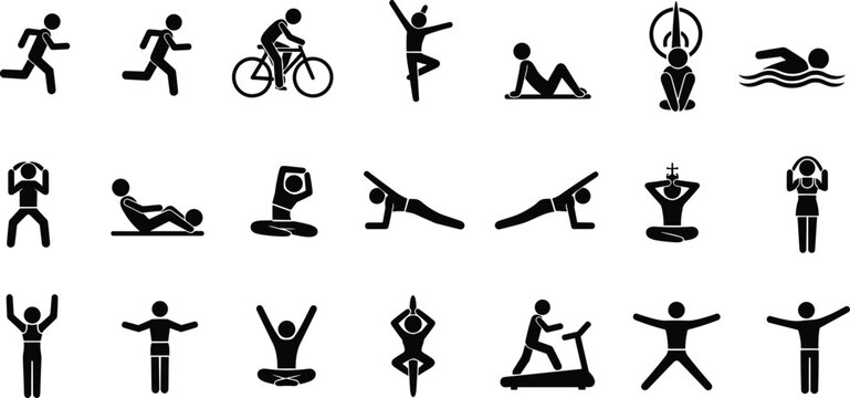 Fitness and wellness silhouettes showing exercise, yoga, meditation, running, cycling, swimming, stretching, gym workout, healthy lifestyle vector illustration