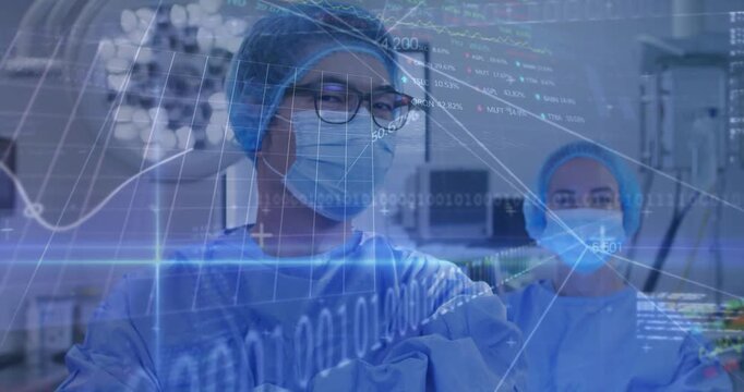 Male surgeon stepping forward as holographic charts sweeping across OR, reviewing medical metrics