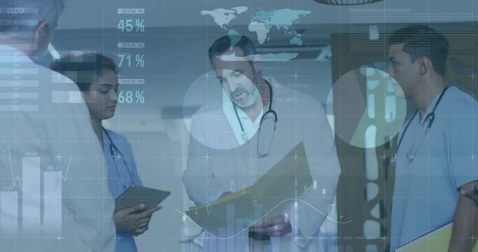Sr Dr reading and pointing, team tapping tablet checking patient data, charts appearing near folder