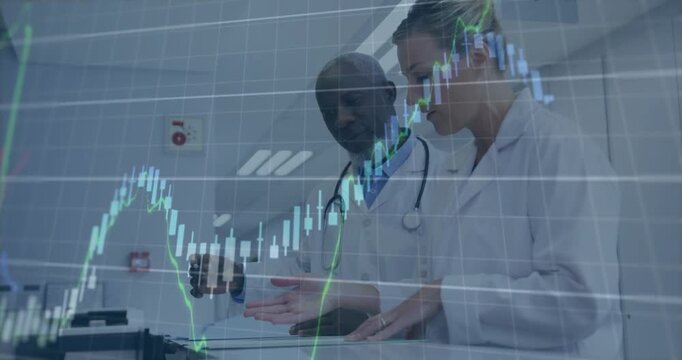 Doctors reviewing binder, animated market graphs appearing with percent labels rising, guiding care