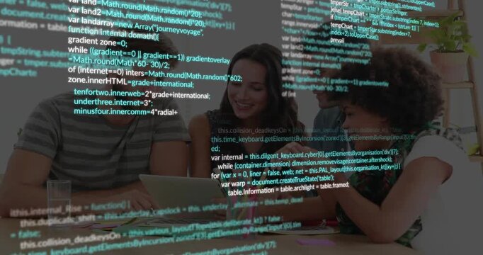Code overlay appearing, team leaning into laptop, pointing, typing, and discussing to fix bug