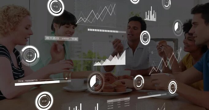 Woman with bun starting reach, sharing donuts on break while HUD animating business graphs overhead