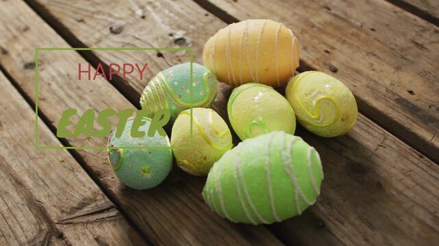 Pastel Easter egg cluster on board overlay appearing camera panning focusing HAPPY EASTER for promo