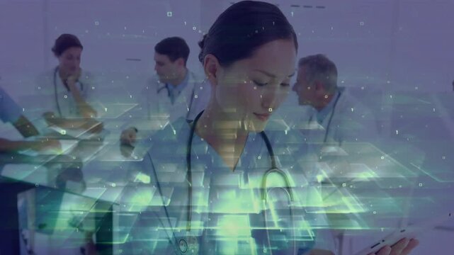 Lead clinician tapping tablet, reviewing records and engaging grid overlay during medical meeting