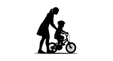 Obraz premium Mother teaching daughter to ride a bicycle silhouette.