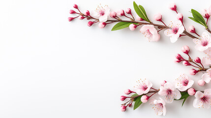 Obraz premium Pink cherry blossom branches with delicate flowers and buds arranged on a clean white background, showcasing the beauty of spring and floral design elements