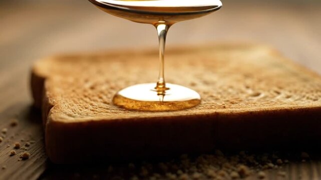 Macro shot of maple syrup slowly dripping from spoon onto warm toast, golden syrup glowing in soft backlight, tiny crumbs visible on wooden table, cinematic shallow focus