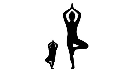 Fototapeta premium Silhouette of a woman and child practicing yoga together in a serene pose.