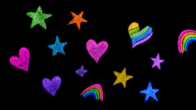 Colorful chalk artwork displays hearts, stars, and a rainbow against a black background, showcasing a vibrant and playful design with various shapes