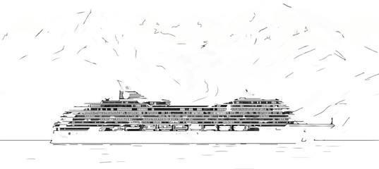 A large, modern cruise ship sails on calm water under a stylized sky