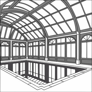 Grayscale of indoor swimming pool with glass roof and walls