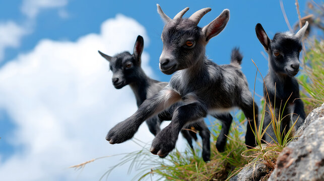 Baby black goats frolicking on a green hill under a blue sky.