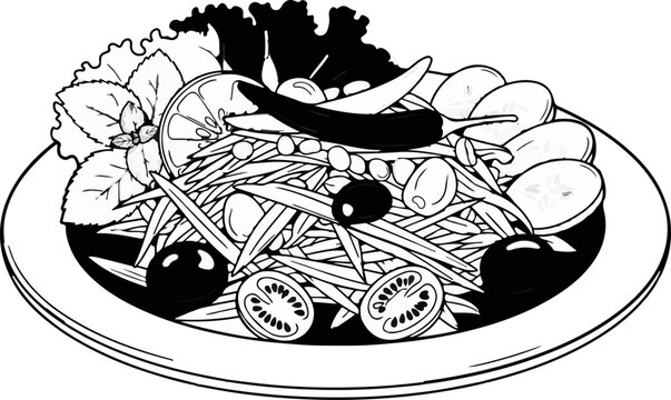 A detailed line drawing of a vibrant salad on a white plate