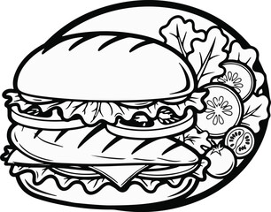 Fototapeta premium A layered sandwich with lettuce, cheese, tomato slices, and a whole tomato