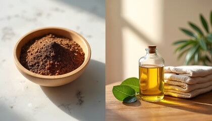 Coarse coffee grounds in wooden bowl with clear oil bottle and stacked cloths. Natural home cleaning or cosmetic ingredient preparation. Sustainable organic wellness and care.