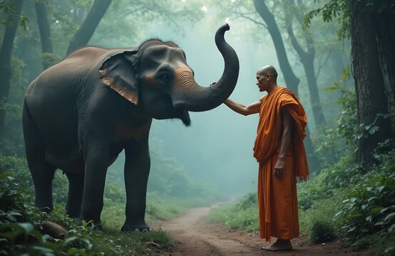 Buddhist monk in orange robes gently touches elephant trunk in misty forest path. Peaceful scene shows spiritual connection between man and animal in Thailand jungle.