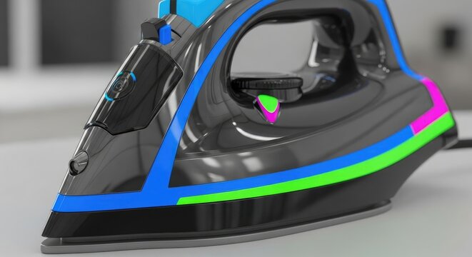 Modern Black and Blue Steam Iron for Clothes.