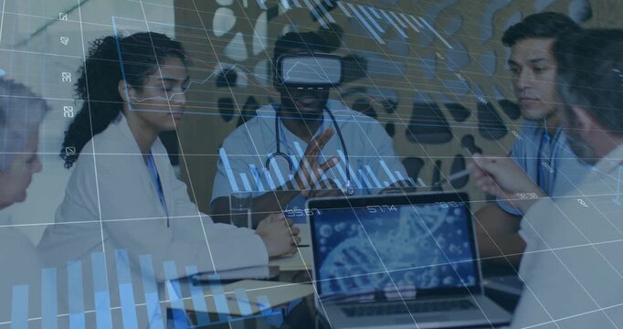 Medical team viewing 3D DNA models, headset doctor gesturing and activating HUD for case review