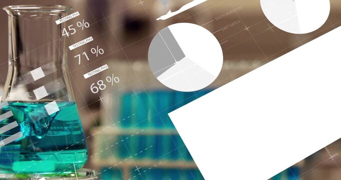 Overlay appearing, animated graphics sliding and updating numbers around beaker to show lab data