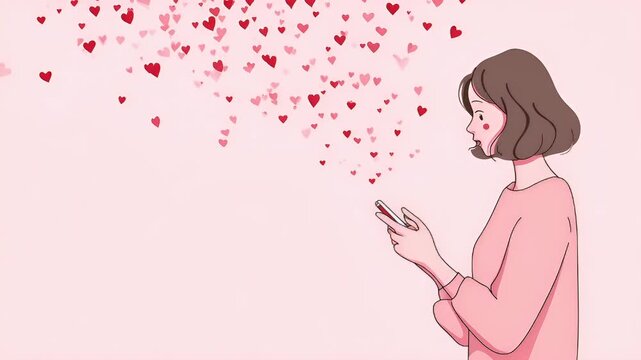Romantic love theme for Valentines Day. A woman in a pink dress looking at her phone with numerous red heartshaped objects floating around her, set against a pink background.