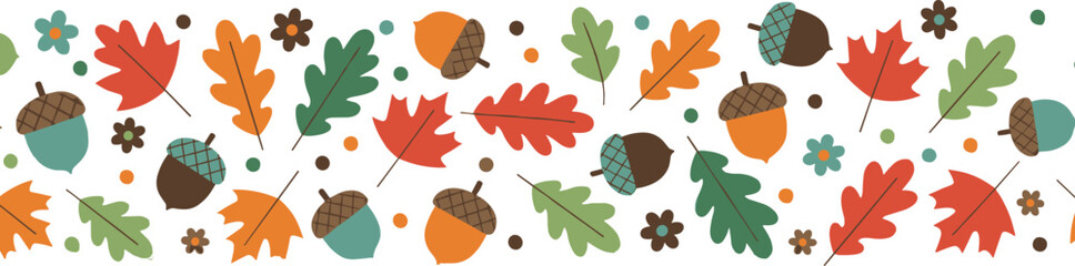 Autumn decorative seamless pattern with colorful fall leaves, acorns, flowers, and dots in orange, red, green, and brown shades for seasonal design, background, and festive projects © Ariful