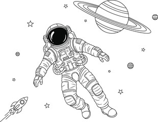 Black and white line drawing of astronaut floating in outer space with rocket, planets, stars, and Saturn rings, imaginative illustration for science, education, and creative projects © Ariful