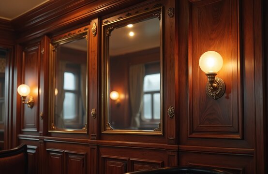 Warmly lit vintage train compartment features dark wood paneling ornate mirrors and brass wall lamps. Reflects classic luxury and historical rail travel elegance. Offers a nostalgic journey.