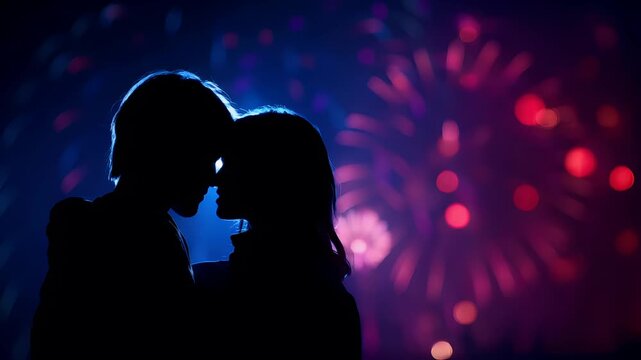 Lovely couple romantic moment. Valentines Day. Two silhouetted figures, likely a couple, sharing a tender moment against a vibrant backdrop of fireworks. The fireworks display a range of colors.