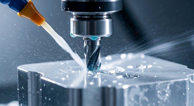 A close-up of a CNC machine drilling into a metal part, cooling fluid spraying, macro shot.