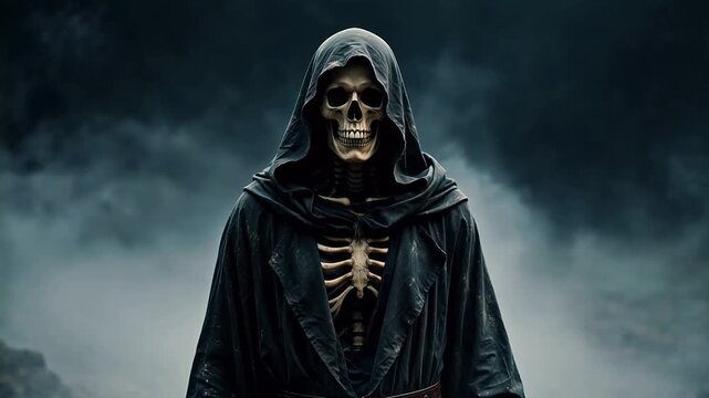 Skeleton figure in hooded cloak