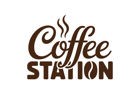 Coffee Station logo design features dark brown cursive and block lettering with steam graphics.